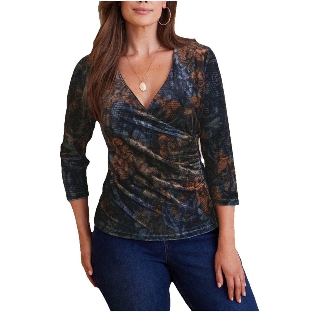 Soft Surroundings Velvet Shirt Alyssa Tapestry Knit Faux Wrap Top Small Boho